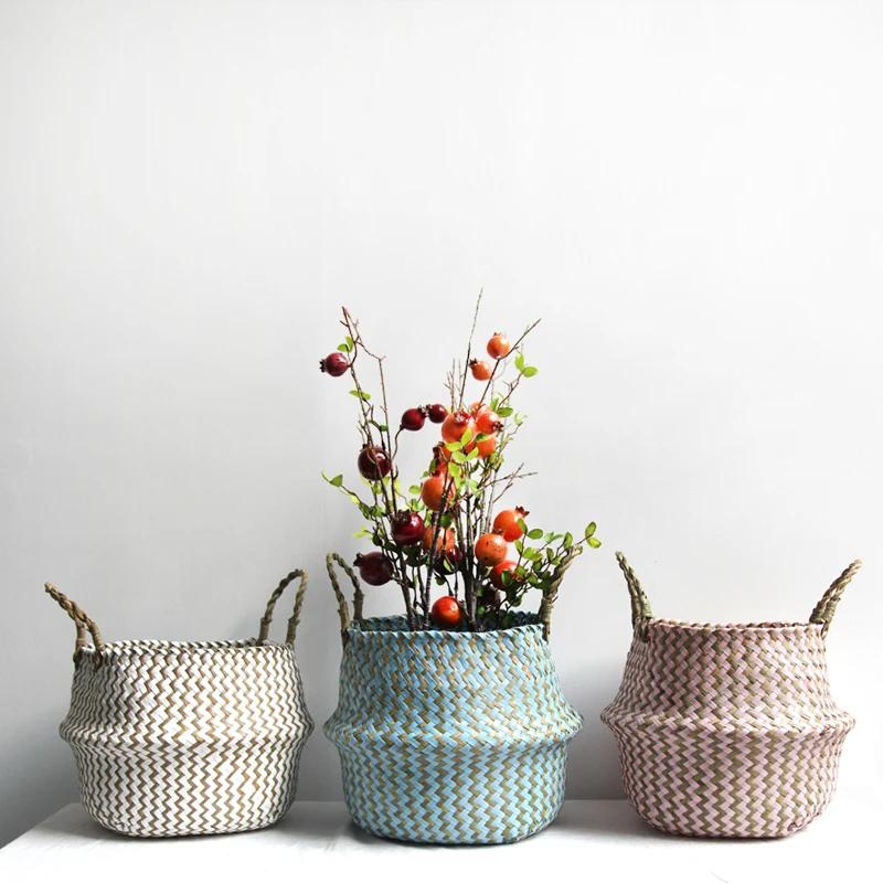 Boho décor rayé osier paniers de rangement à la main pliable panier à linge Patchwork algues fleur v
