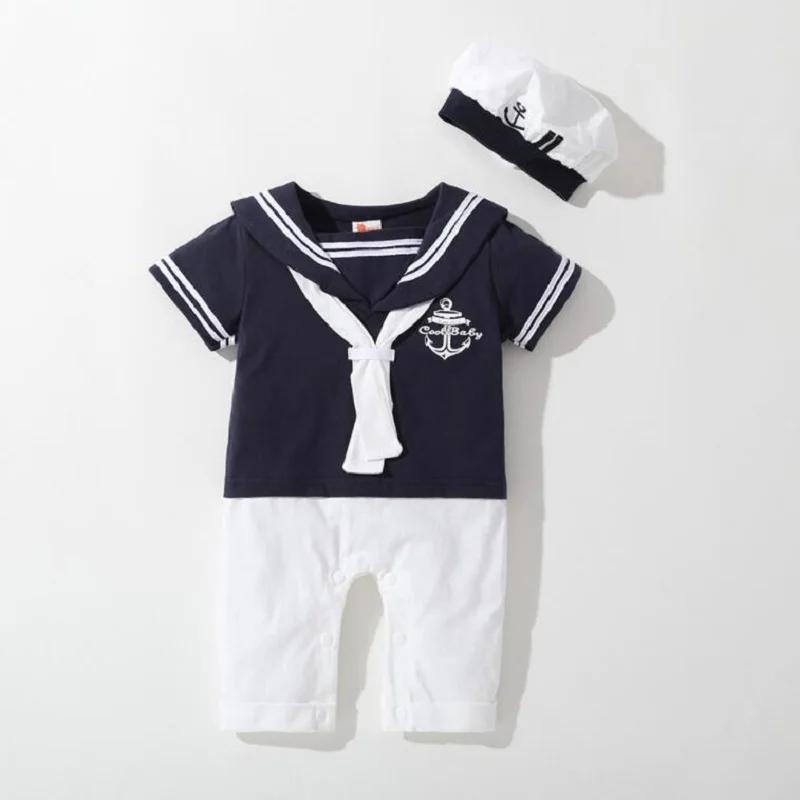 Barboteuse d'été pour bébés garçons et filles, combinaison de marin, chapeau, 2 pièces, Body manches