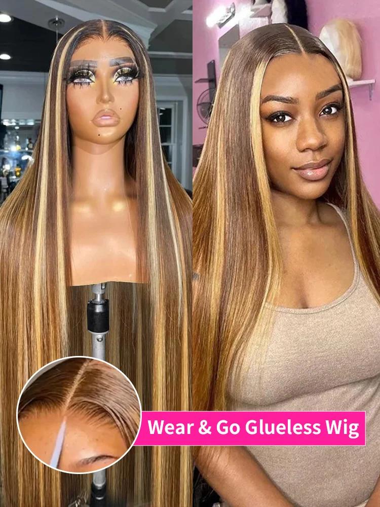 Perruque Lace Front Wig sans colle naturelle ombrée, cheveux lisses, blond miel, 13x6 HD, 30 34 pouc