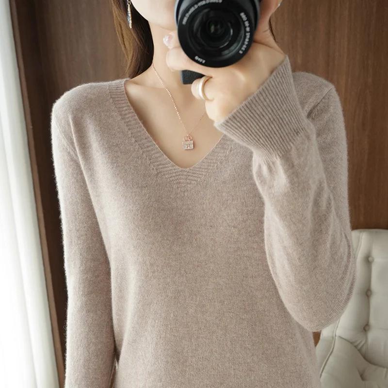 Pull en cachemire à col en V pour femme, col en dentelle, design évidé, décontracté, manches longues