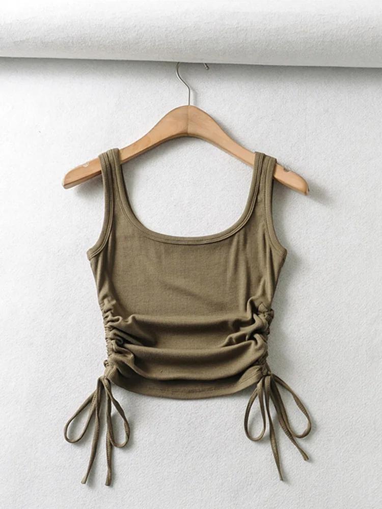 Nouveauté filles décontracté couleur unie deux côtés cordon gilet plis froncé Sexy débardeur et Cami