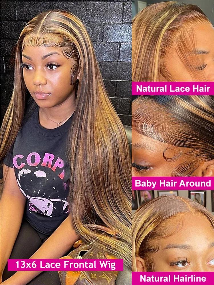 Perruque Lace Front Wig sans colle naturelle ombrée, cheveux lisses, blond miel, 13x6 HD, 30 34 pouc