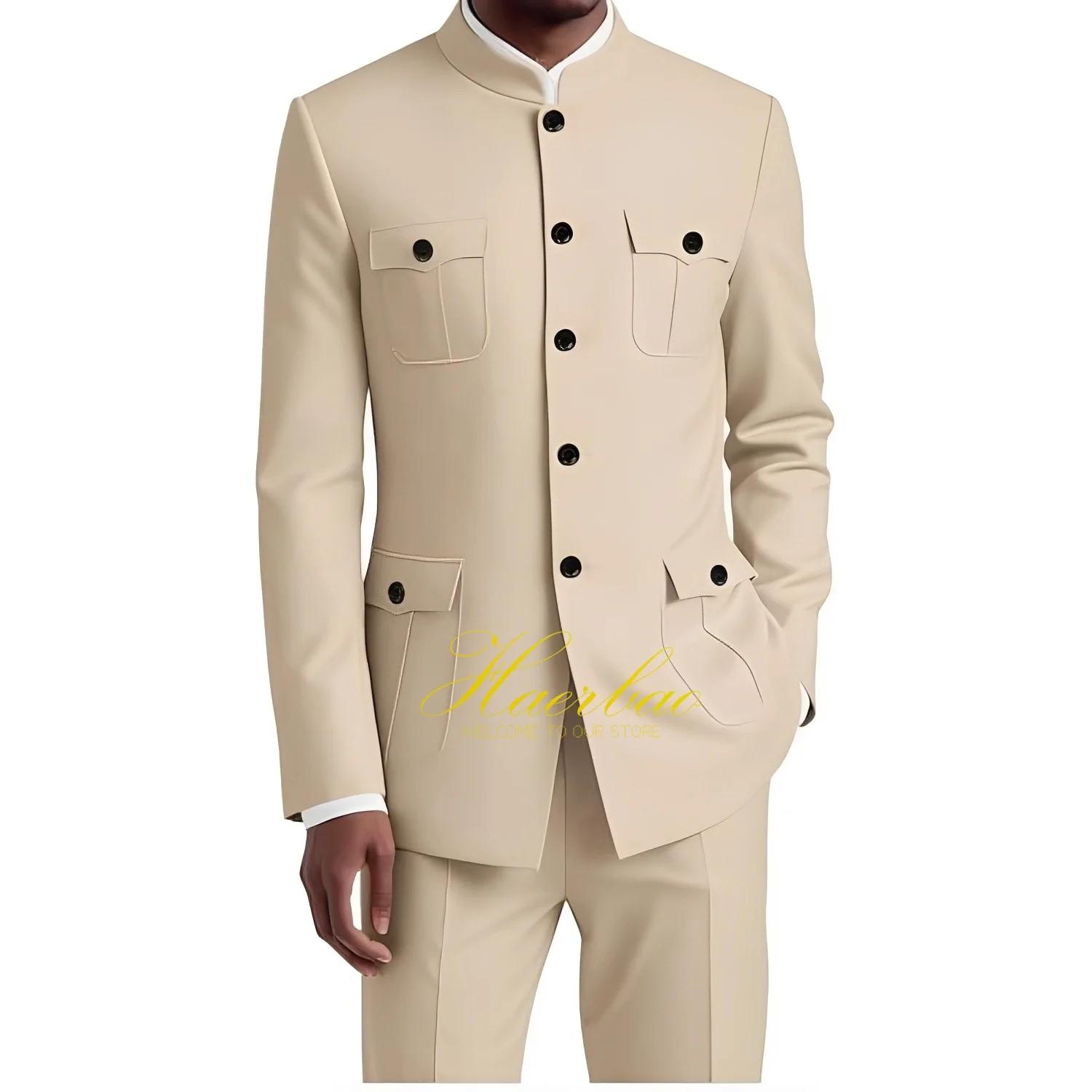 Costume chinois pour homme, ensemble formel 2 pièces, veste à col, coupe ajustée, blazer 4 poches, c