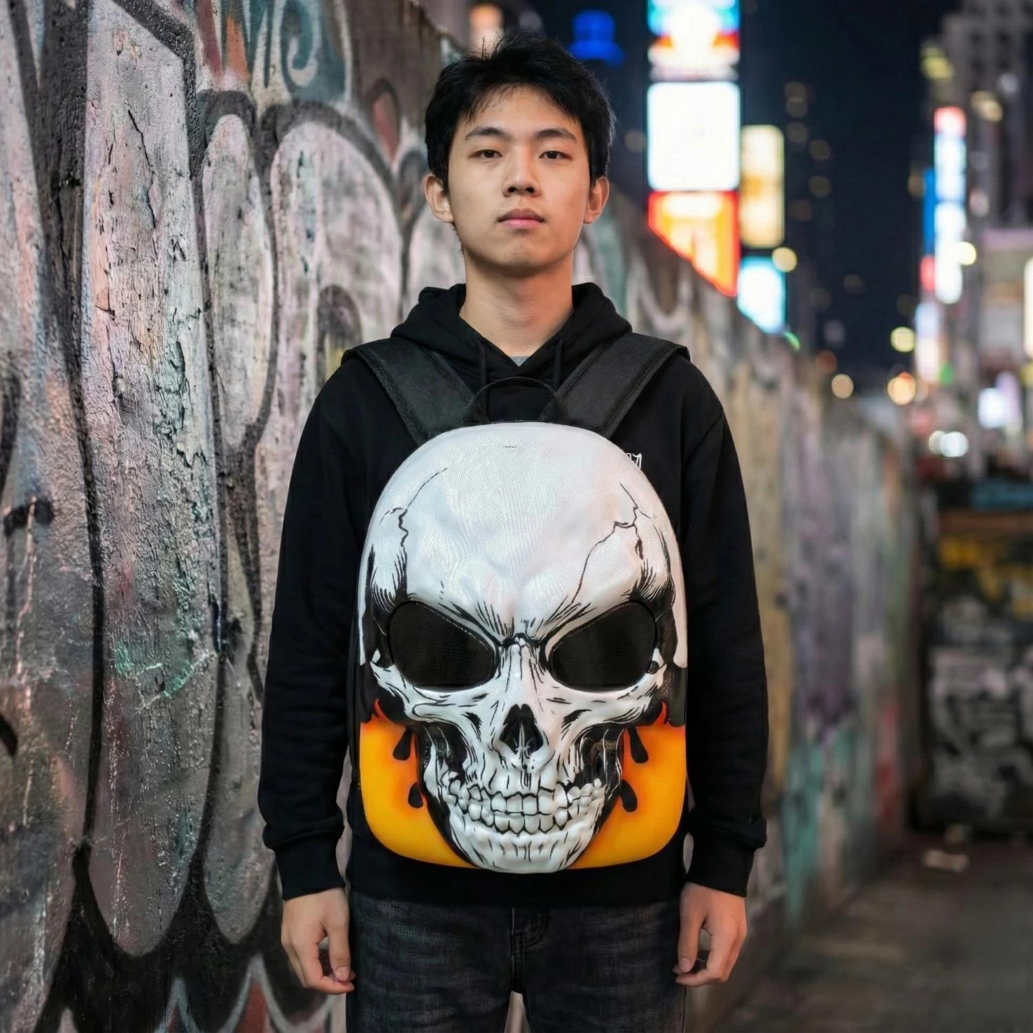 Sac à dos de moto à coque rigide avec crâne LED 3D, avec yeux programmables, contrôle par applicatio