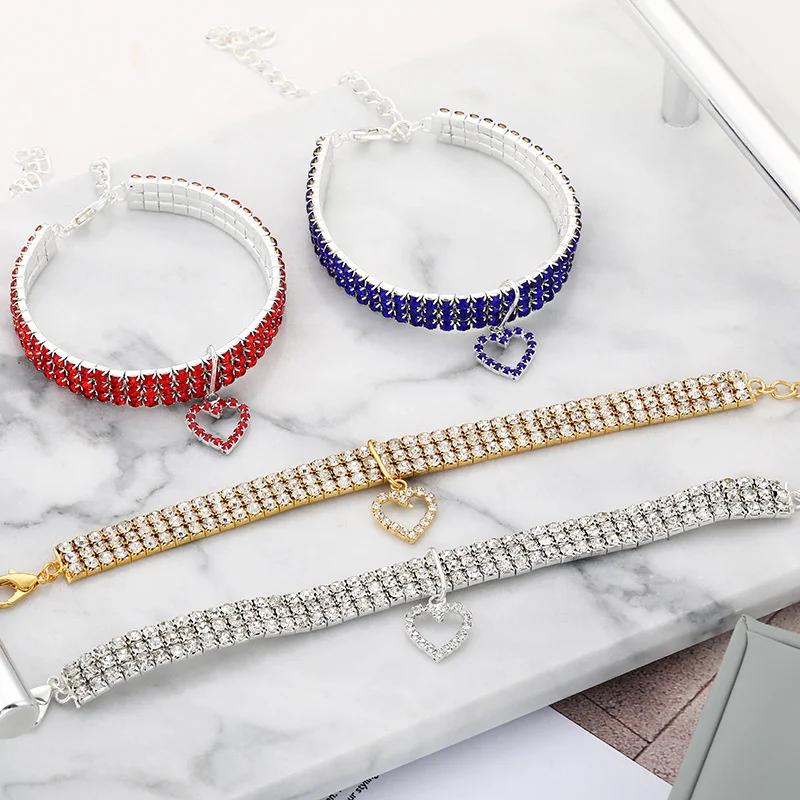 Collier élastique à trois rangées de strass pour animaux de compagnie, décoration d'amour, chiot, ch