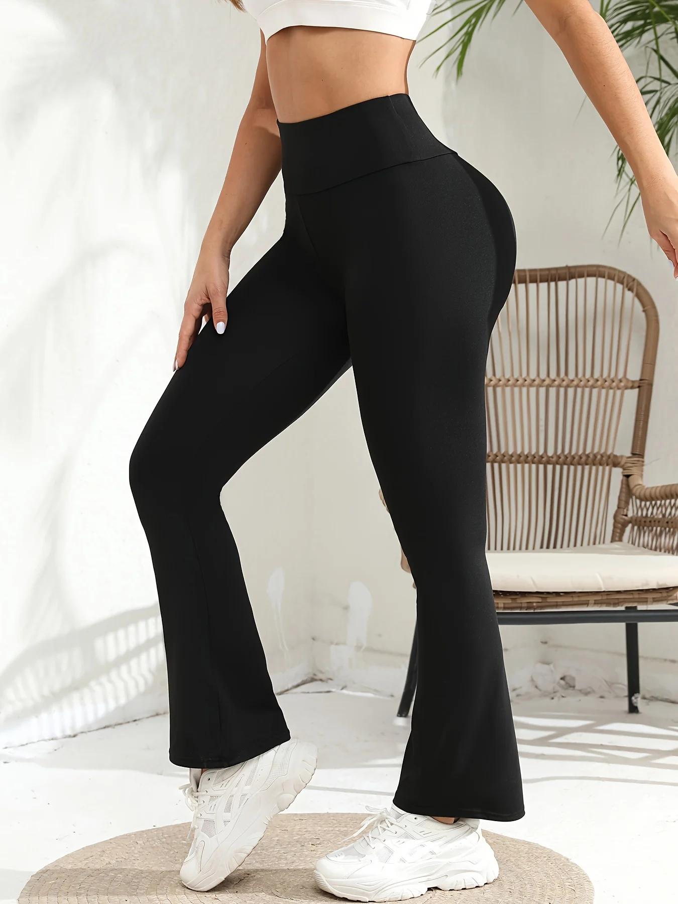 Pantalon évasé pour femme, Leggings de yoga taille haute, extensible, bouton cloche, jambes larges