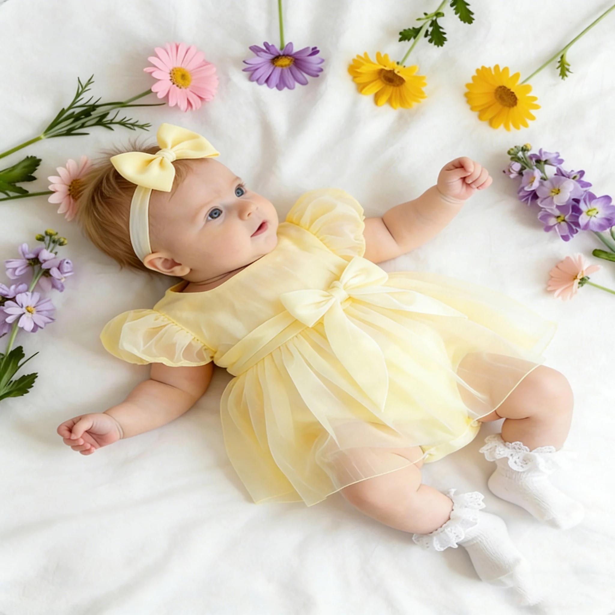 Nouvelle Collection Été : Robe en Tulle à Manches Bouffantes pour Nouveau-né avec Bandeau, Barboteus