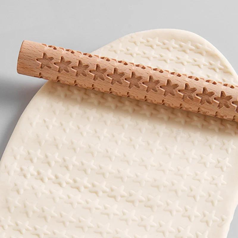 Rouleau à pâtisserie Texture en bois, poterie en céramique, tige en relief, motif de fleur, rouleau
