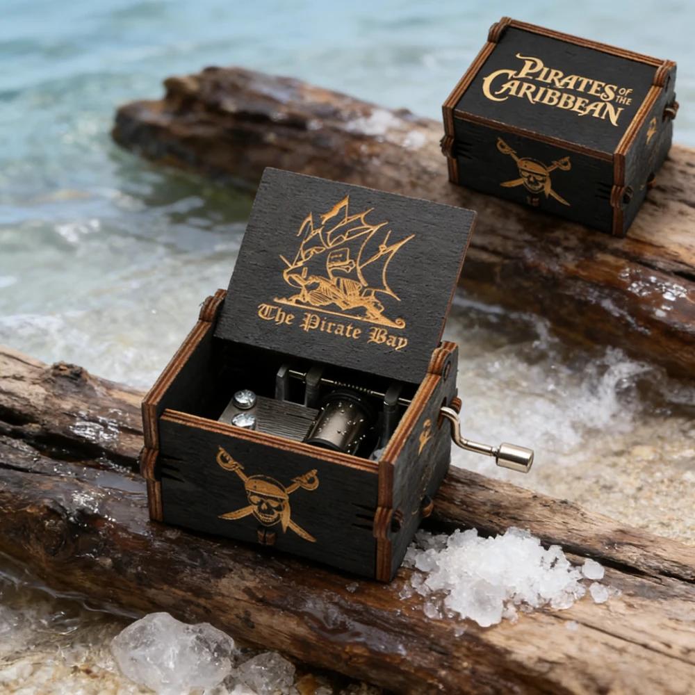Boîte à musique en bois avec figurines de dessin animé, Pirates des Carib, Davy Jones Jack Sparrow,