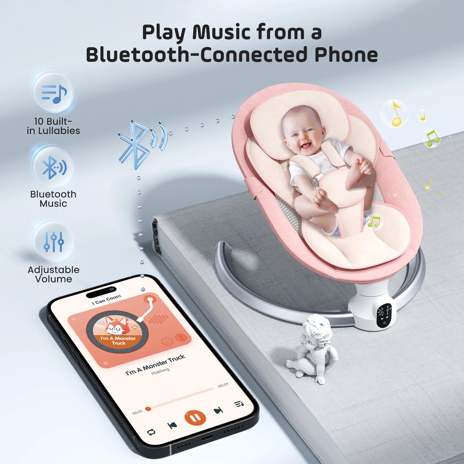 Balançoire électrique pour bébé avec 3 minuteries, application et télécommande Transat, 5 vitesses d