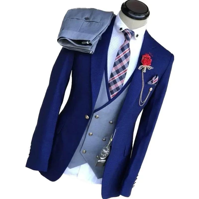Costumes d'affaires pour hommes, marié de mariage, revers cranté, gilet à Double boutonnage, robe po