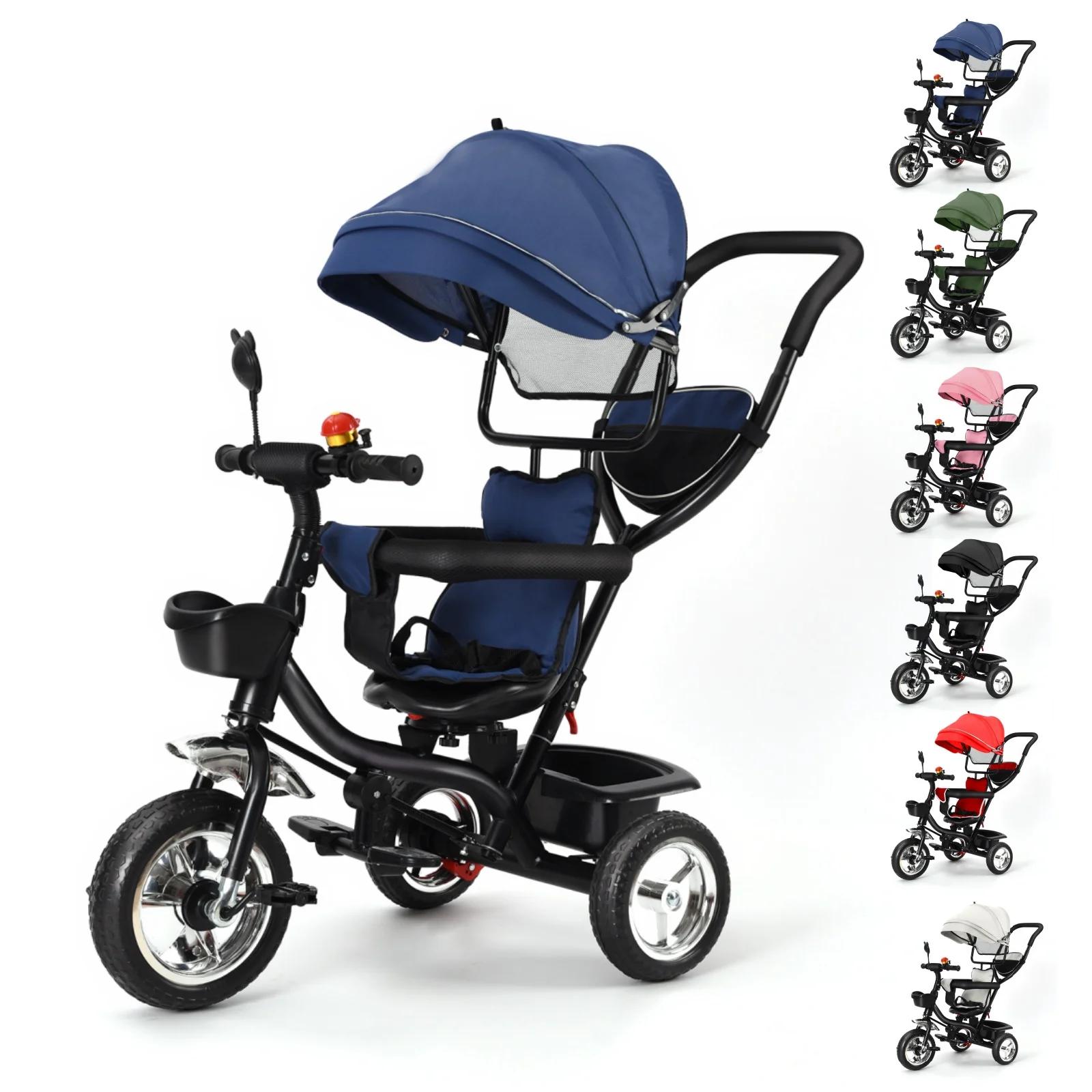 Tricycle avec barre de poussée, siège rotatif, voyage avant et arrière, auvent pliable avec protecti