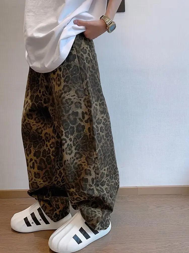 Jean léopard Tan pour homme, pantalon en Denim, surdimensionné, jambes larges, Streetwear, Hip Hop,