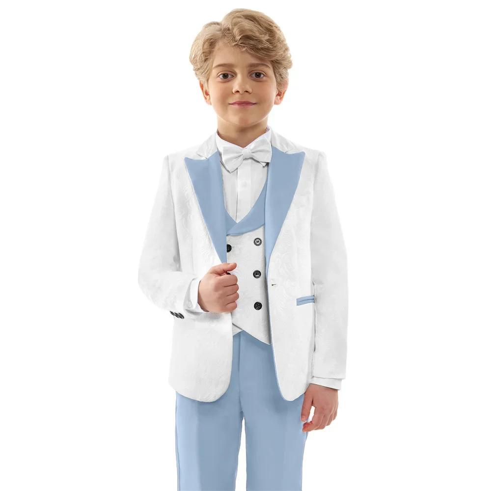 Costume formel classique 4 pièces pour garçons, blanc et bleu ciel contrasté, blazer, gilet et panta