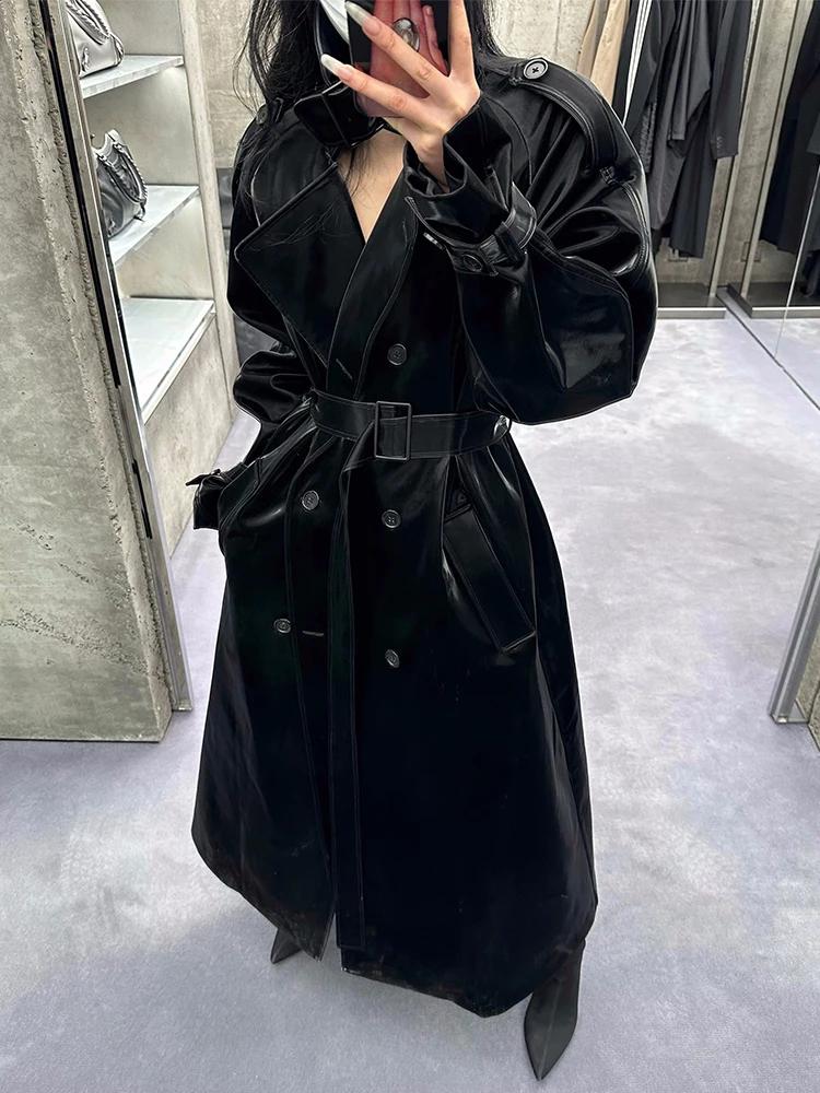 Lautaro printemps automne Extra Long surdimensionné Cool réfléchissant brillant noir en cuir verni T