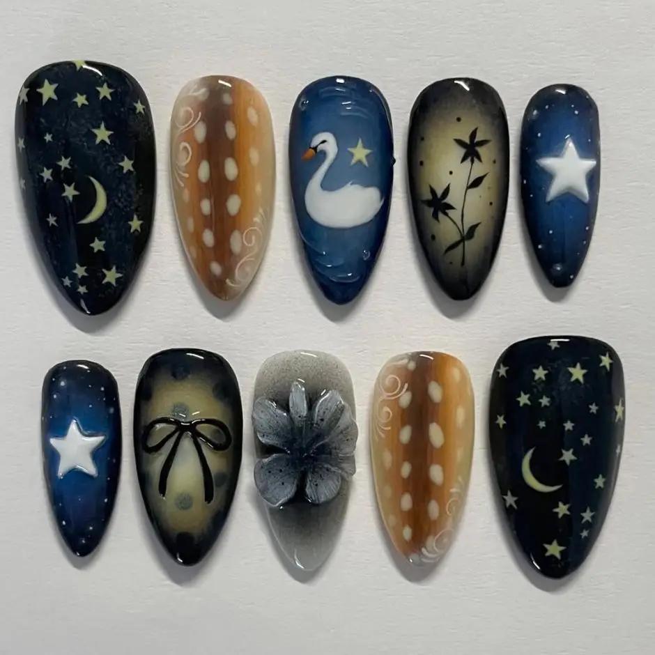 Faux ongles Style étoile lune, 24 pièces, nœuds papillon en forme de cygne blanc, motif floral impri