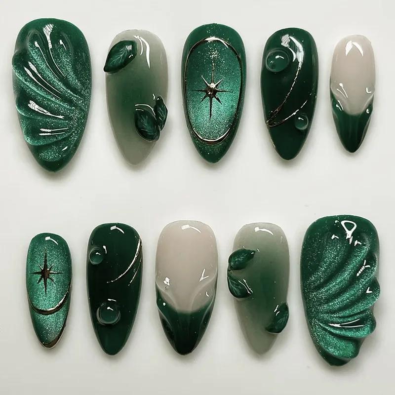24 pièces 3D vert ondulation Design faux ongles oeil de chat français amande faux ongles conseils fe