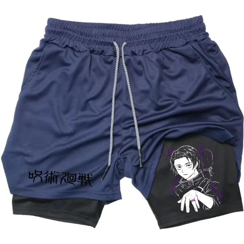 Short de compression 2-en-1 pour hommes, idéal pour la gym, la course et l'athlétisme, motif Anime J