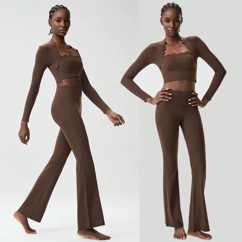 Ensemble de yoga fitness deux pièces pour femmes, couleur unie, manches longues, vêtements de sport