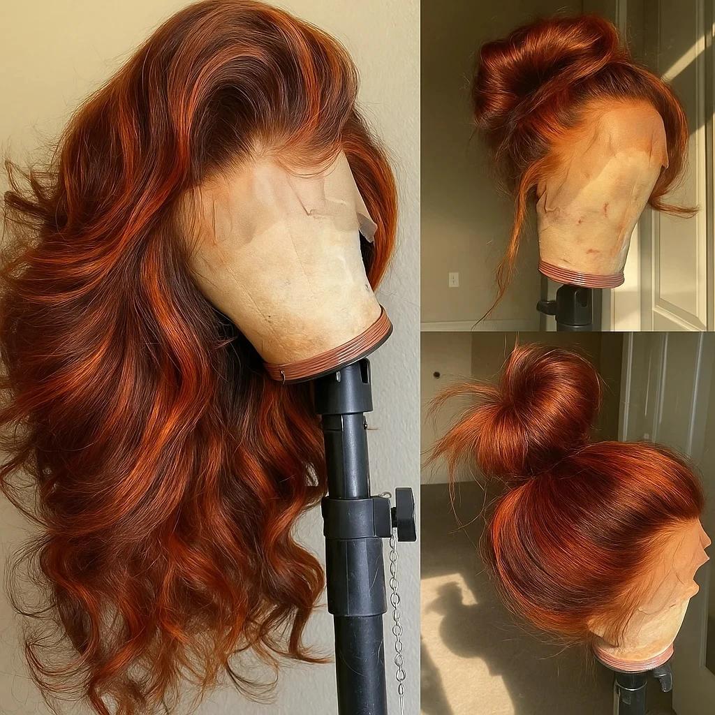 Perruques Body Wave Ombrées 4/350 avec Mèches, Perruque Lace Frontale 13x6 en Cheveux Humains, Coule