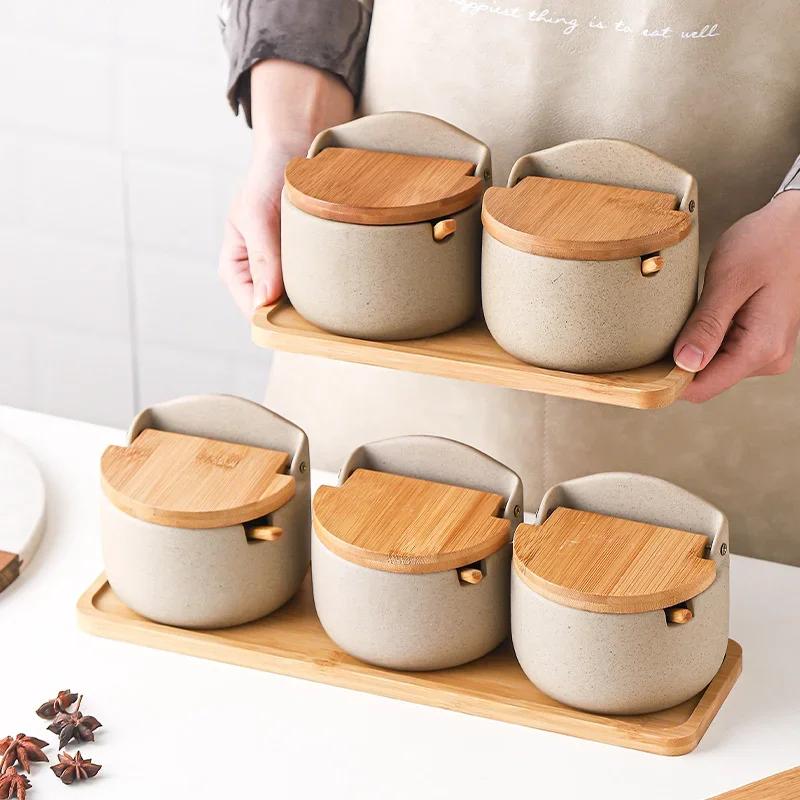 Pot d'assaisonnement en céramique de Style japonais, couvercle en bambou, pot à épices avec cuillère