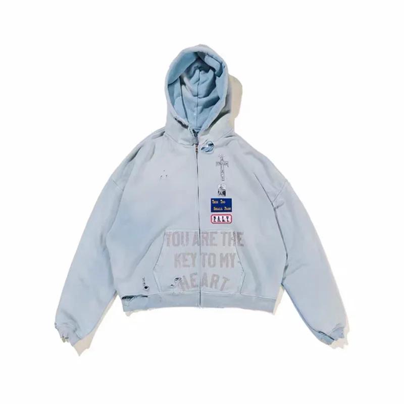 2025fw Paly diamant sweat à capuche avec fermeture éclair hommes femmes Vintage lavé bleu endommagé