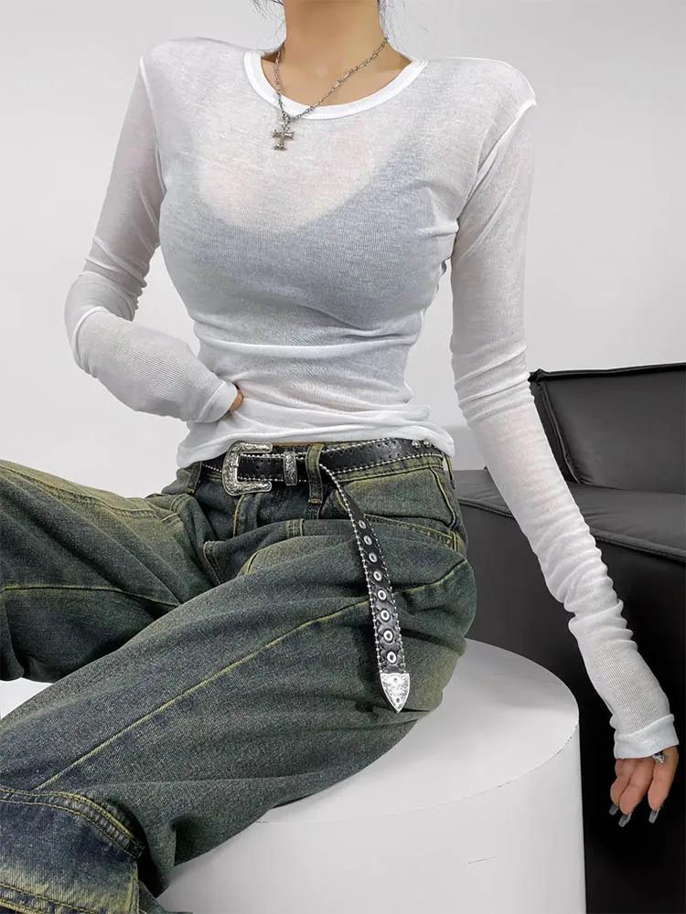 T-shirt semi-transparent à manches longues et col rond pour femme