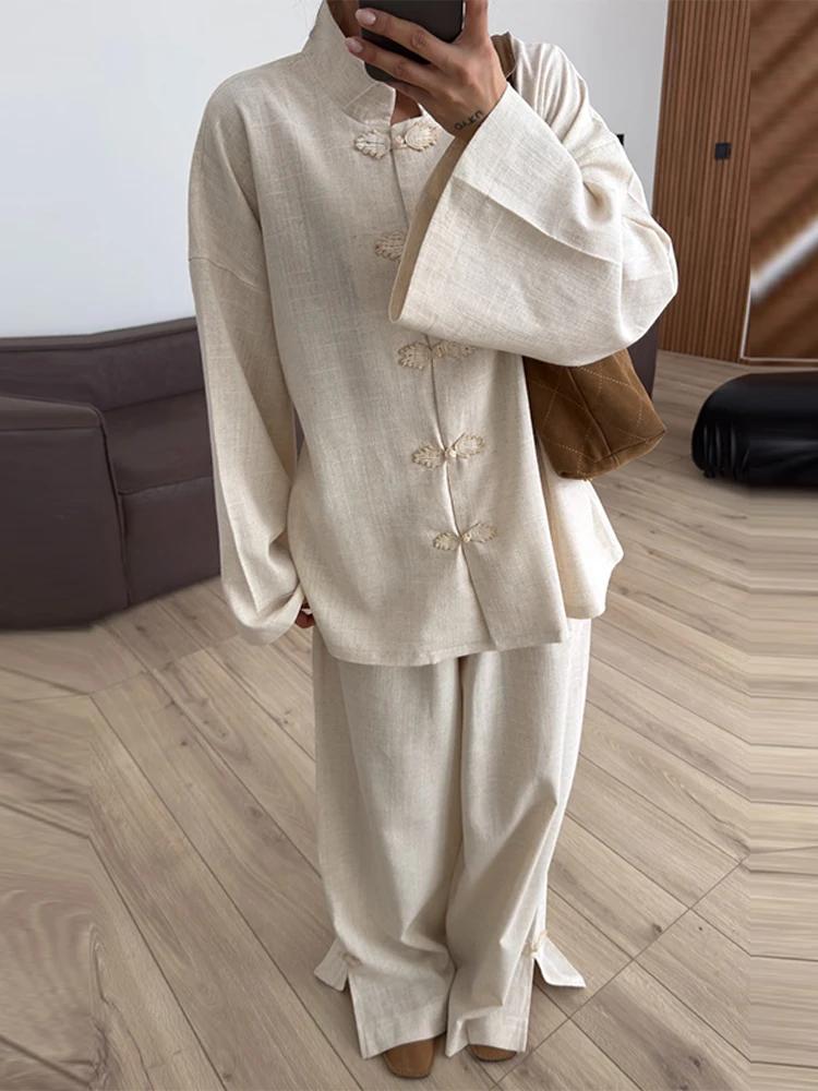 Ensemble pantalon long femme style chinois chic avec boutons grenouille, manteau à col montant simpl