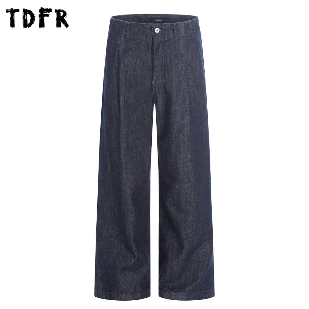 Rétro Simple jean hommes plissé décontracté lavé en détresse Baggy jambe large bleu Denim pantalon h