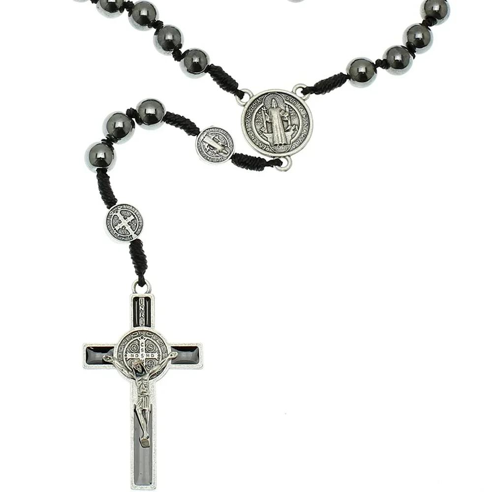 Chapelet catholique, ornement de voiture, perle d'hématite noire, médaille de Saint benoît, croix de