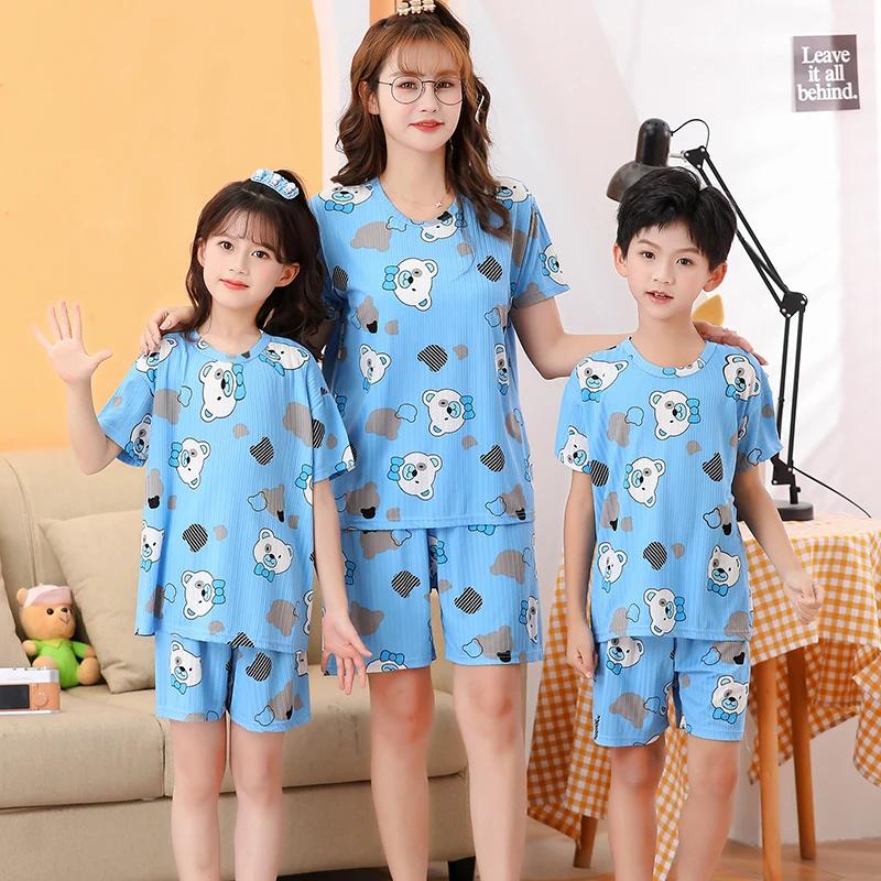 Pyjama d'été 2 pièces à manches courtes pour enfant, ensemble fin et mignon, neutre, parent-enfant,