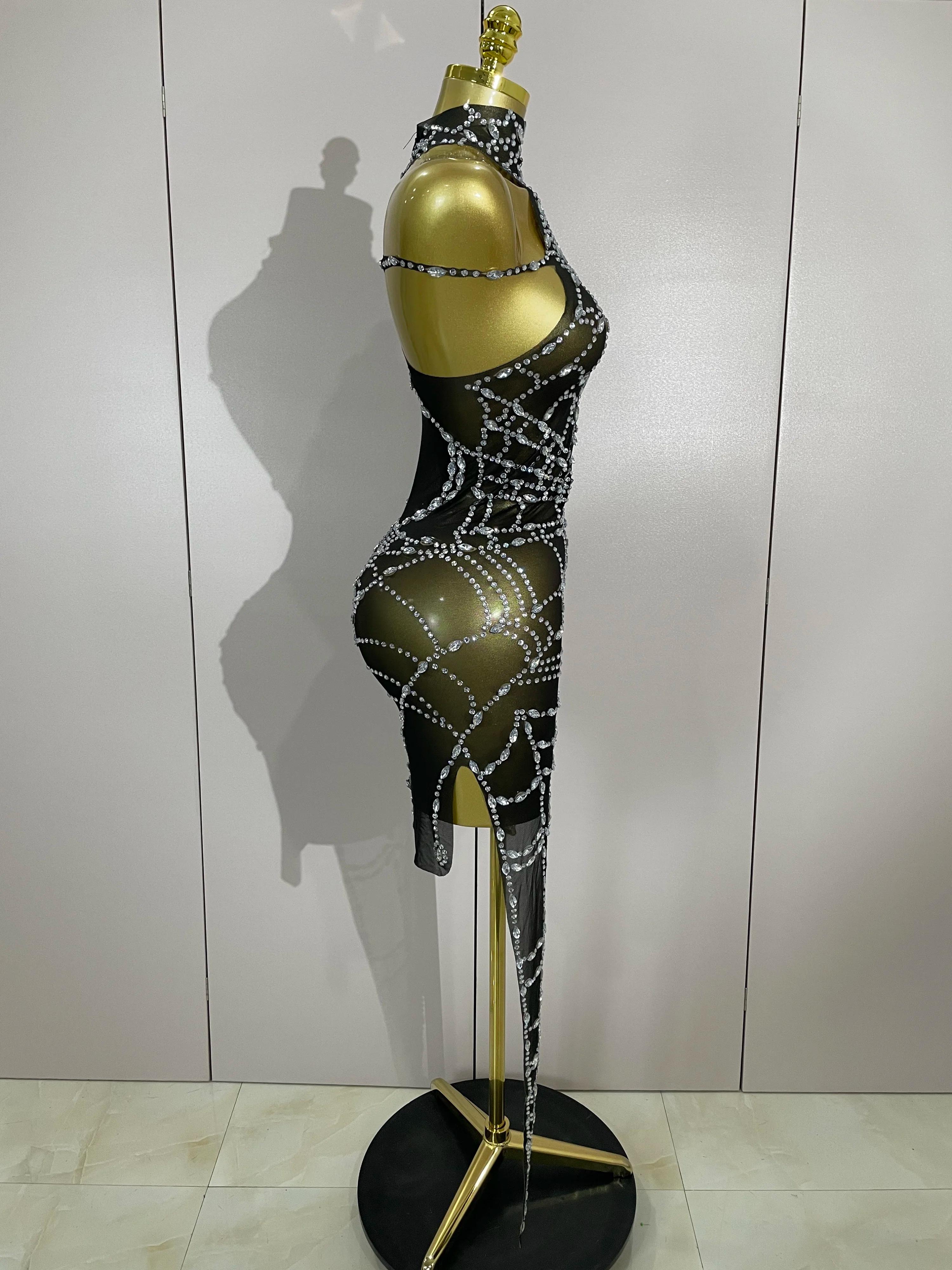 STOCK brillant diamant Sexy maille asymétrique moulante Mini robe femmes discothèque Bar fête specta