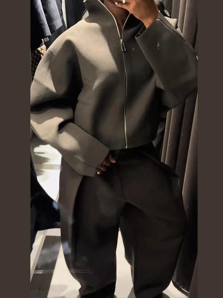 Veste courte en tricot pour femmes, col montant, fermeture éclair, manteau ample à manches longues,