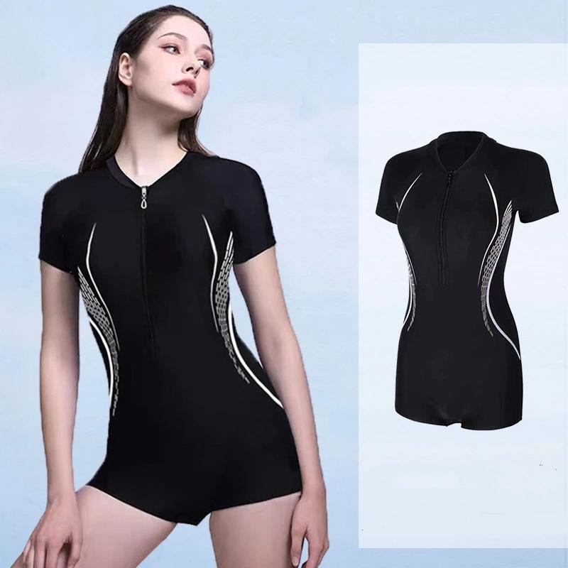 Femmes une pièce imperméable athlétique Protection solaire plage maillot de bain à manches courtes s