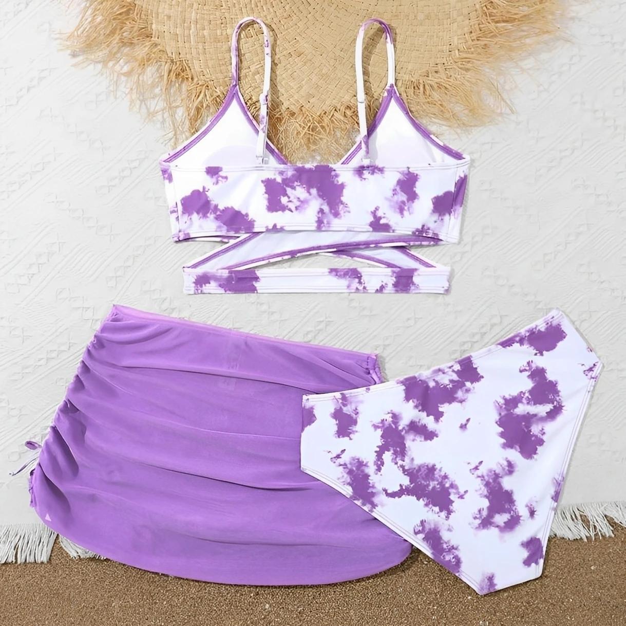 Maillot de bain 3 pièces imprimé Tie-Dye 2026 pour filles avec jupe, maillot de bain pour enfants, t