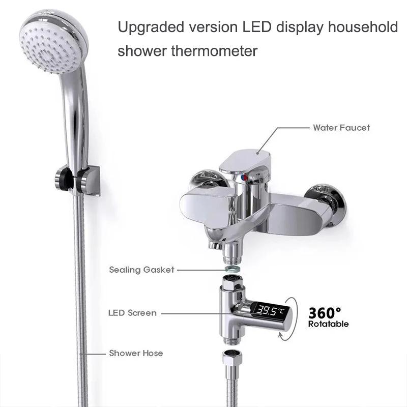 Thermomètre de douche d'eau domestique à affichage LED 5-85 ℃ Thermomètre à eau auto-alimenté à dé