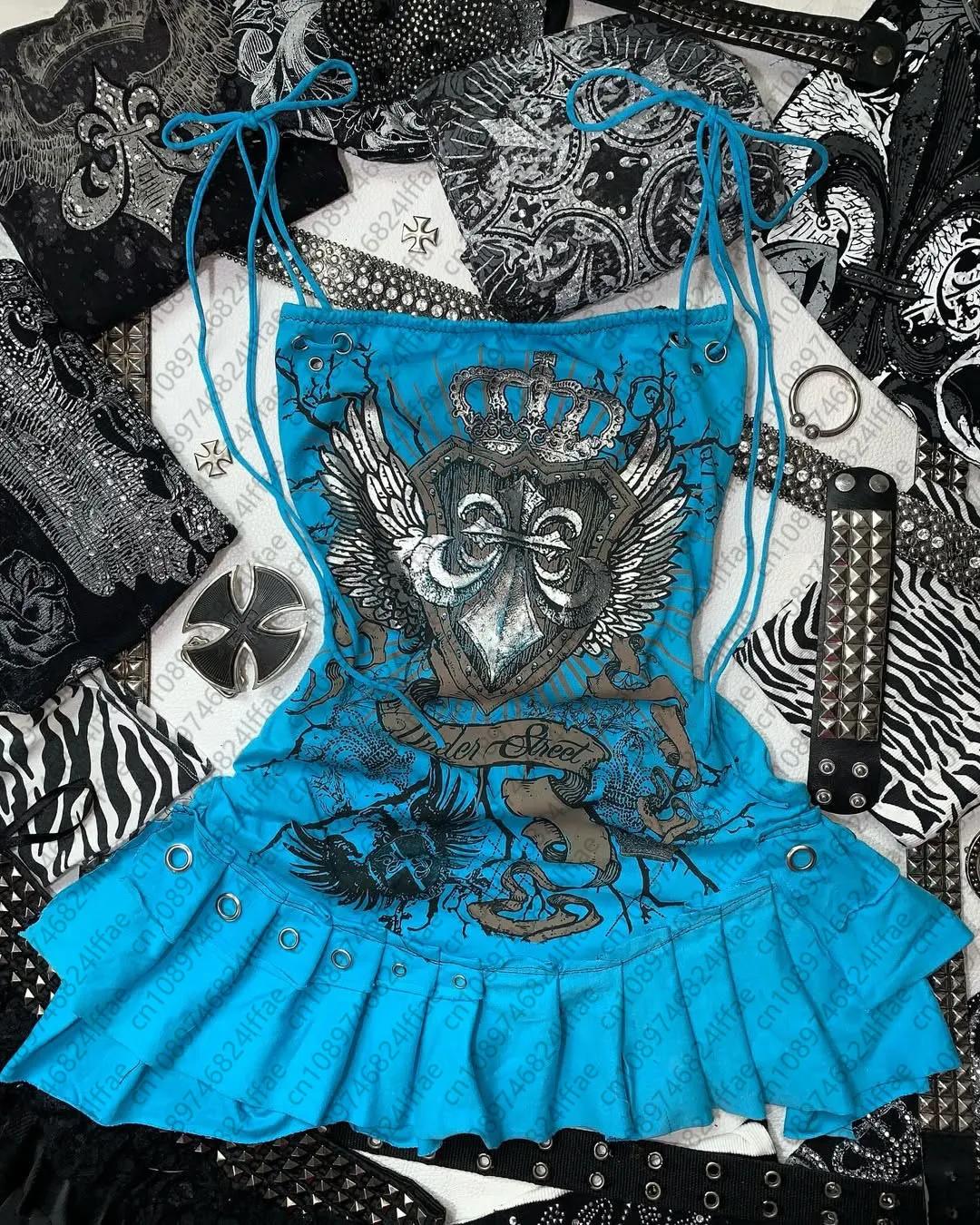 Bretelles esthétiques Y2k pour filles, vêtements Y2k, nœud gothique bleu, bas amincissant pour femme
