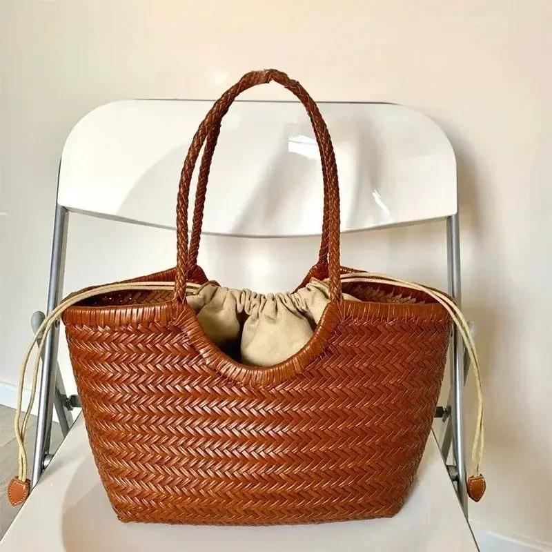 Sac fourre-tout tissé à la main de marque, grand panier à légumes en cuir véritable français avec po