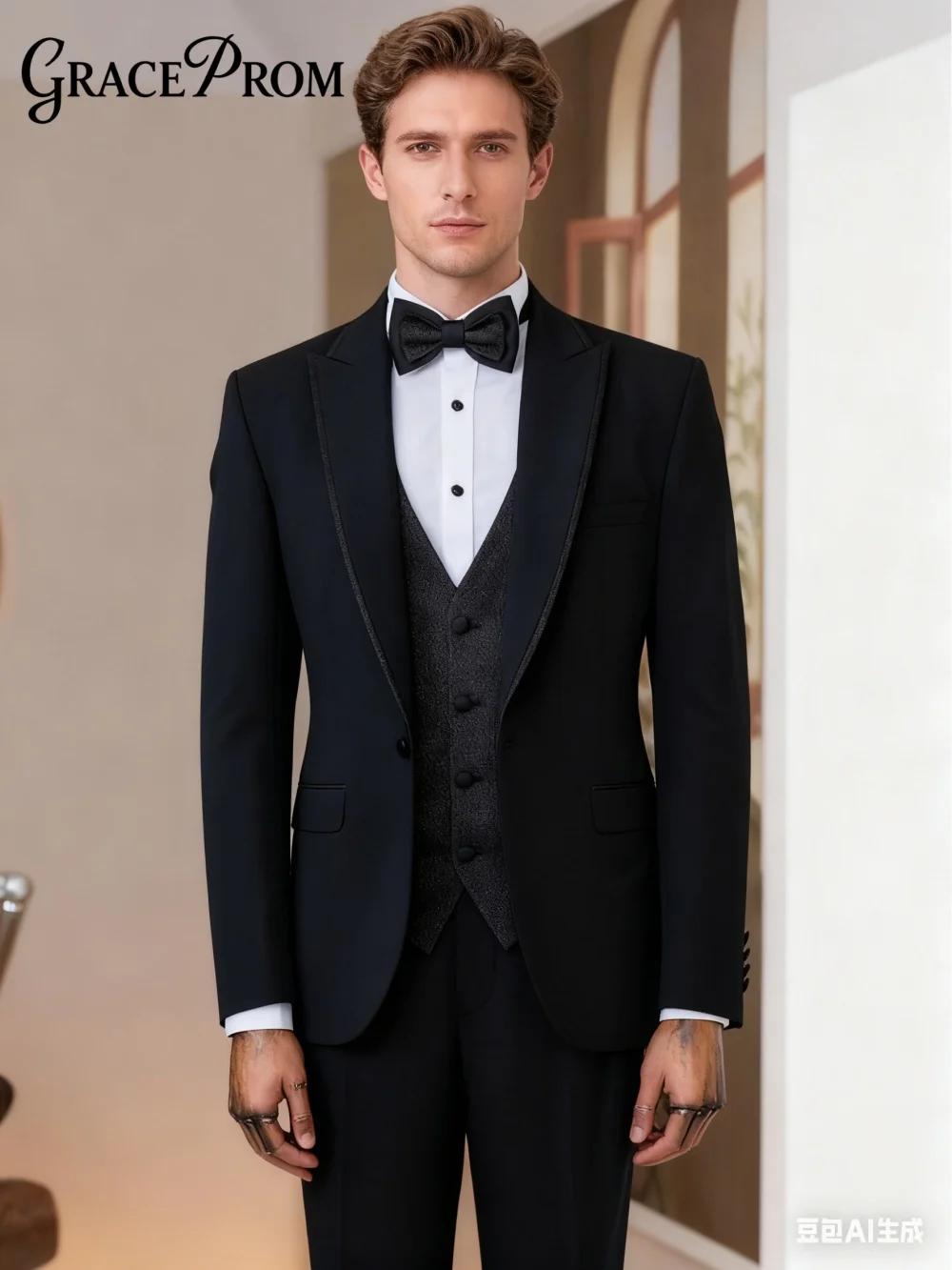 Costume classique pour hommes, 3 pièces, veste, gilet, pantalon, châle gris foncé, ensemble de costu