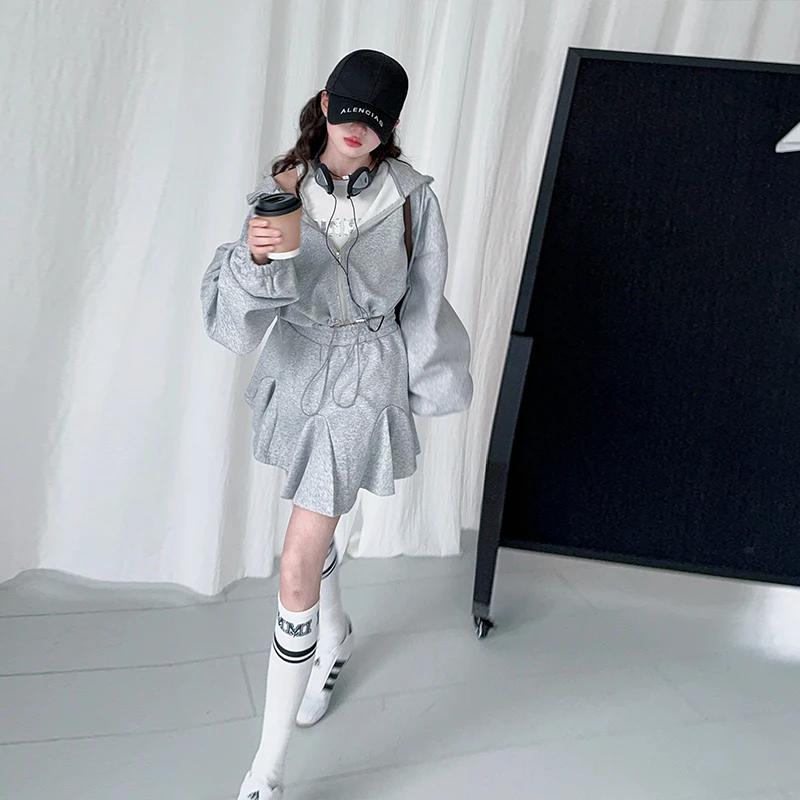 Ensemble de vêtements JK gris pour adolescentes, sweat-shirt à capuche avec lettres + jupe queue de