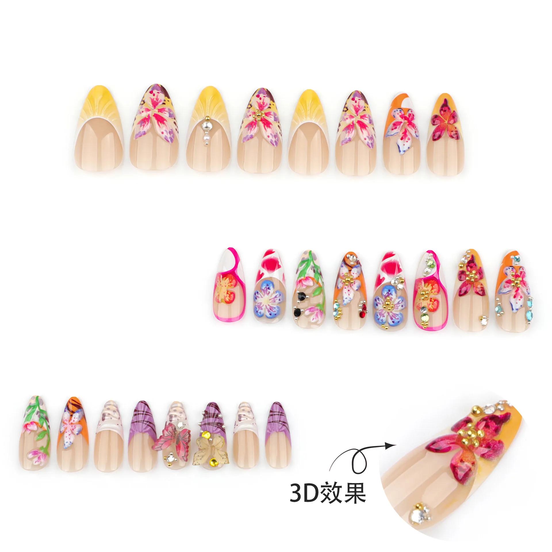 24 pièces fleur tropicale presse sur ongles coloré français 3D cristal papillon coquilles motif impr
