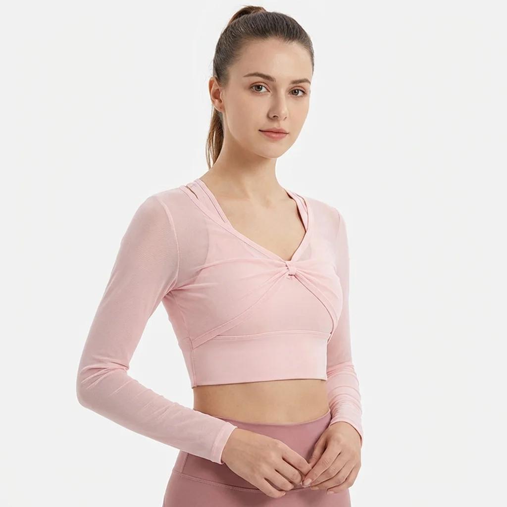 Haut de yoga à manches longues rembourré pour femmes, haut de sport sexy en maille, haut de sport po