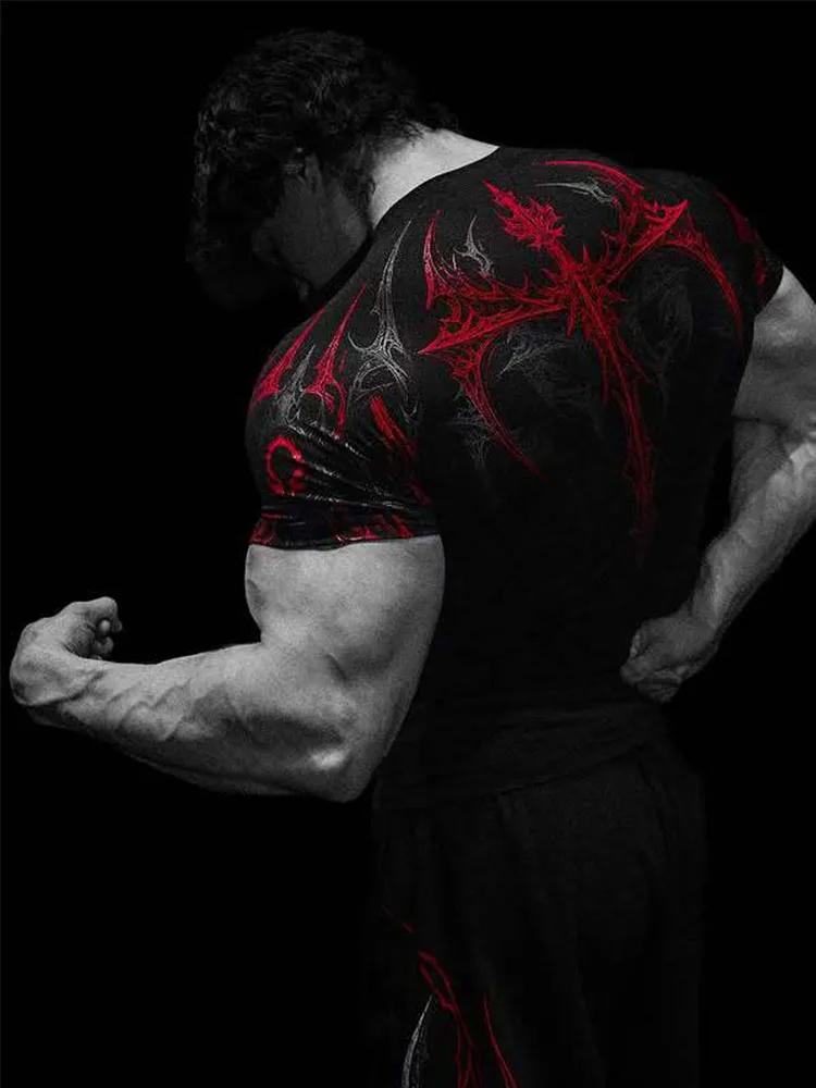 T-shirt de sport pour homme, imprimé gothique foncé, coupe musclée, haute élasticité et séchage rapi