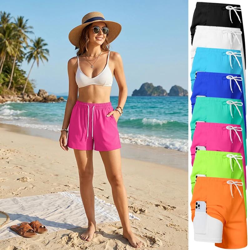 Short de plage 2 en 1 pour femmes, avec poche pour téléphone, short de bain confortable et décontrac