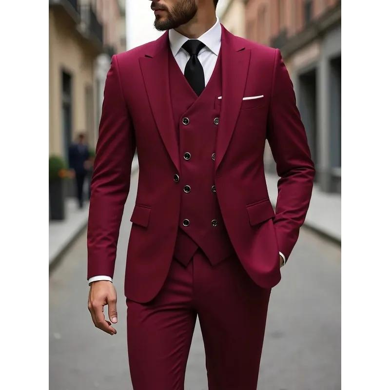 Costume homme fin et simple, couleur unie, simple boutonnage, style britannique, manches longues, av