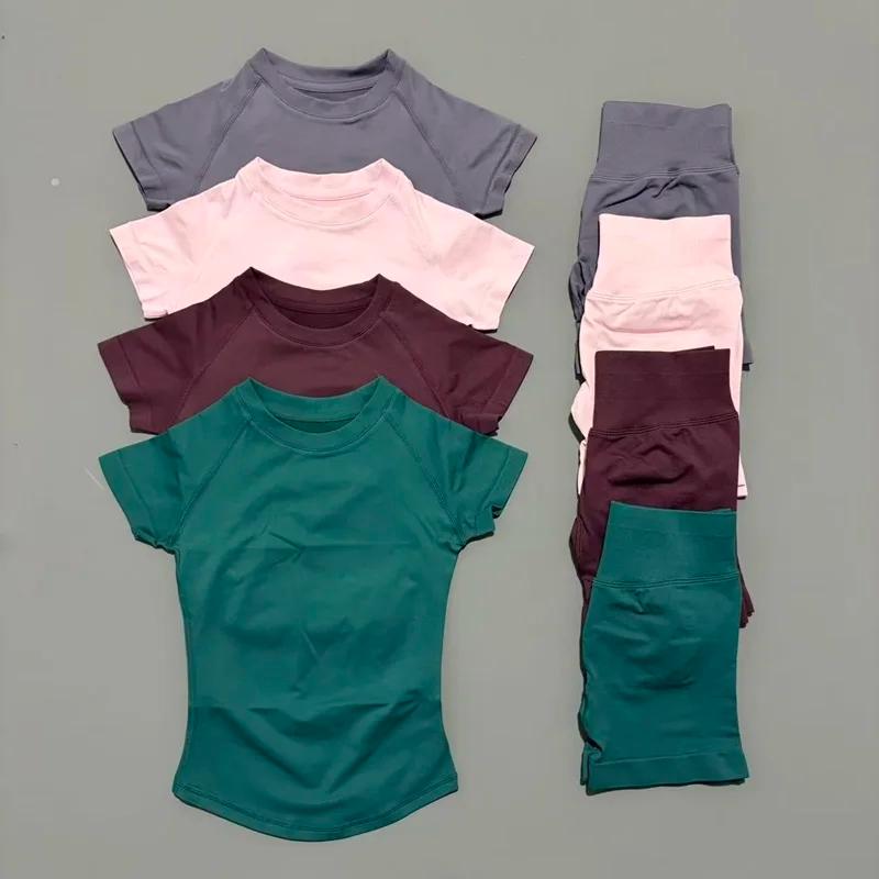 Ensemble de sport 2 pièces pour femme, haut de yoga à manches courtes en tricot sans couture, ensemb