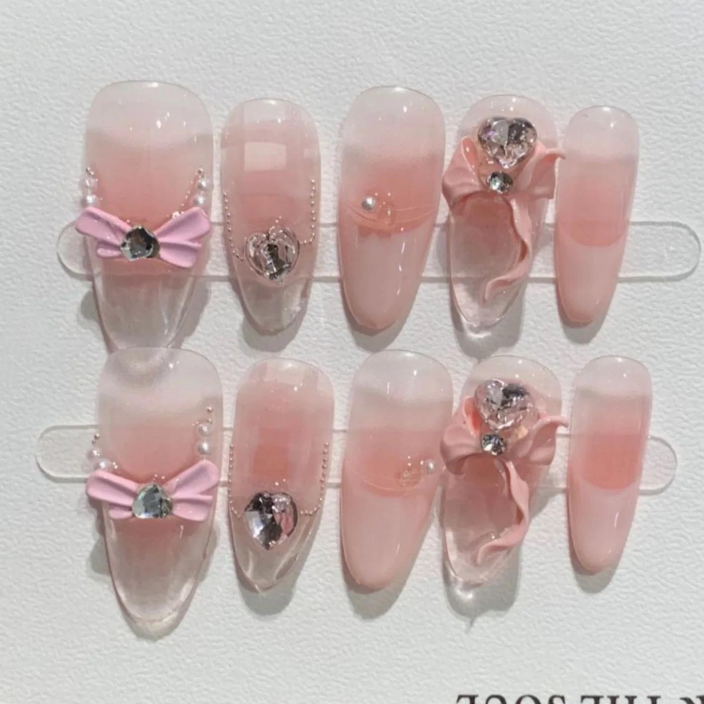 10 pièces violet oeil de chat fait à la main faux ongles conseils paillettes mi-longue ovale presse