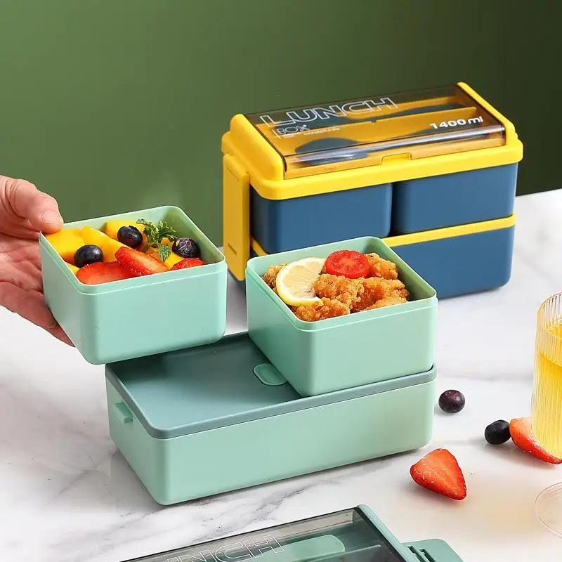 Boîte à déjeuner Portable Double couche pour enfants, avec fourchette et cuillère, boîtes à Bento po