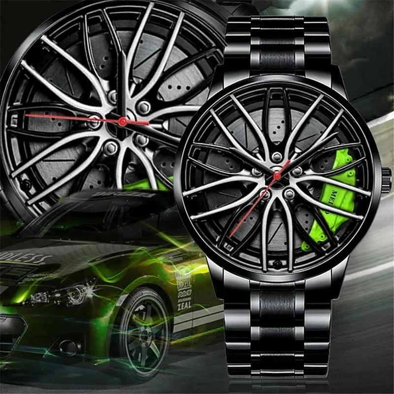 Mode hommes montres de sport 3d roue de voiture bracelet en acier inoxydable montre-bracelet hommes