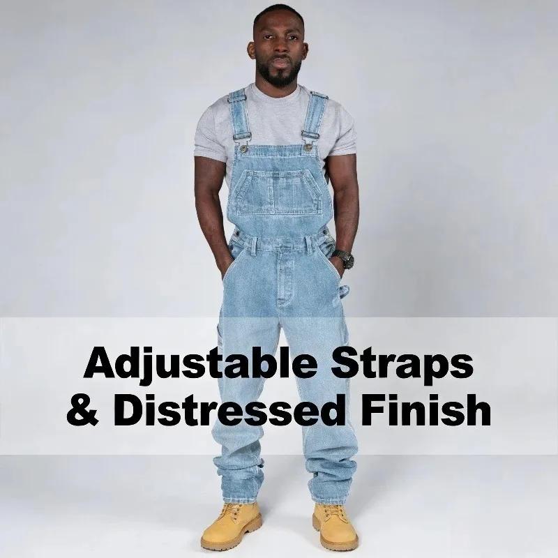 Salopette en jean déchirée et vieillie pour homme, coupe droite, style streetwear